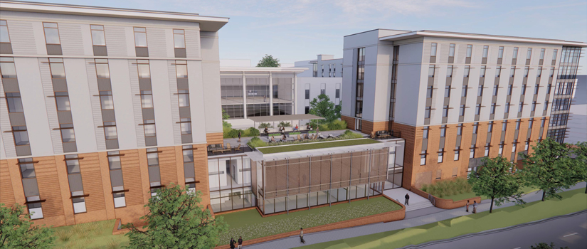 Architectural rendering of a modern university residence hall complex with two six-story buildings featuring white and brick facades. The buildings are connected by a glass structure with a rooftop terrace where students sit and gather around tables and greenery. A landscaped courtyard and sidewalk with a few pedestrians run along the front of the building.