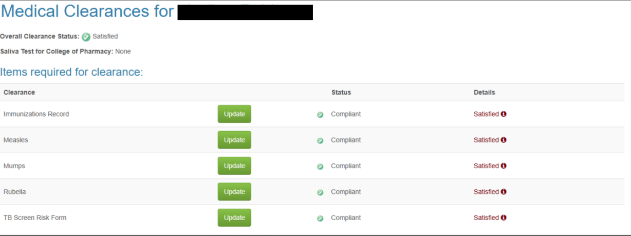 my health space medical clearance page screenshot 
