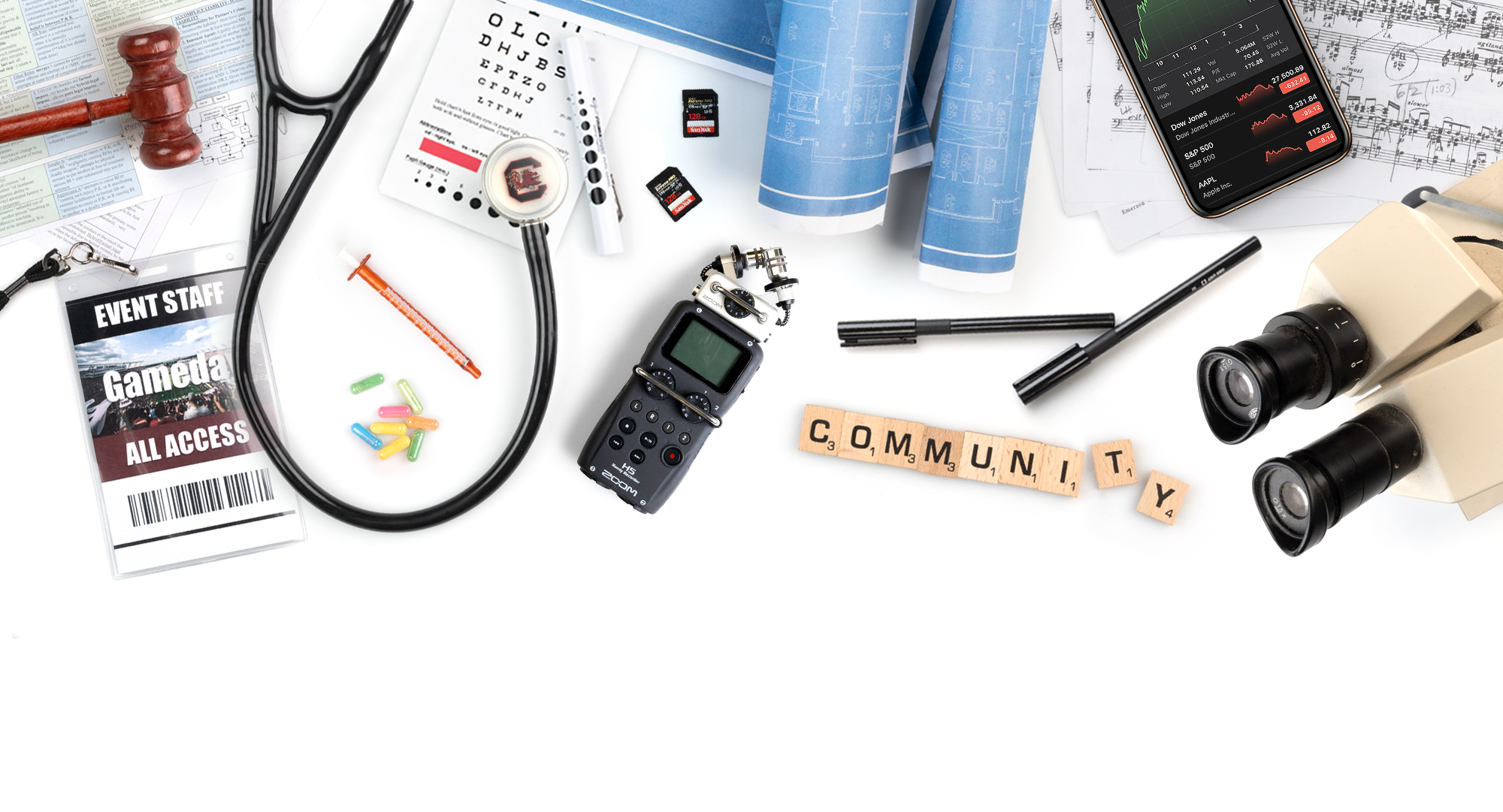 Various items representing the colleges at the university.