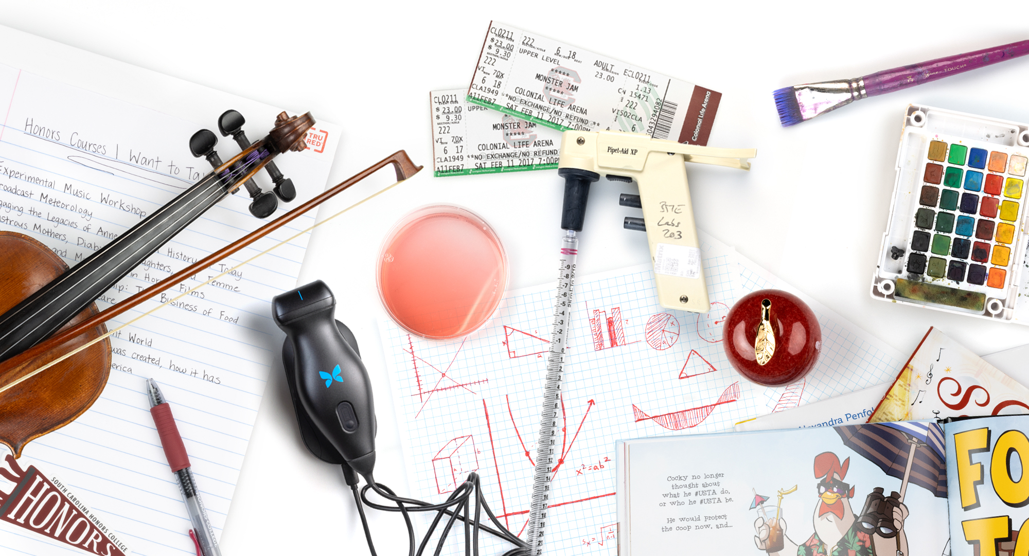 Various items representing the colleges at the university.