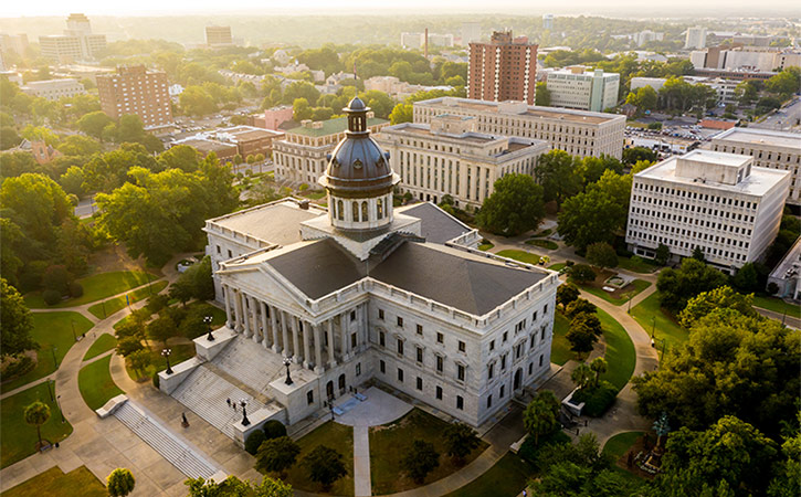 An aerial view of the SC Statehouse in the heart of downtown Columbia.