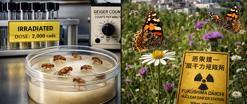Split image showing fruit flies in a laboratory dish labeled “irradiated dose 2,000 rads” beside a Geiger counter, and butterflies on flowers near a Fukushima Daiichi nuclear radiation warning sign