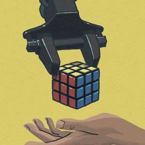 An illustration of a robot arm handing a Rubiks cube to a human hand.
